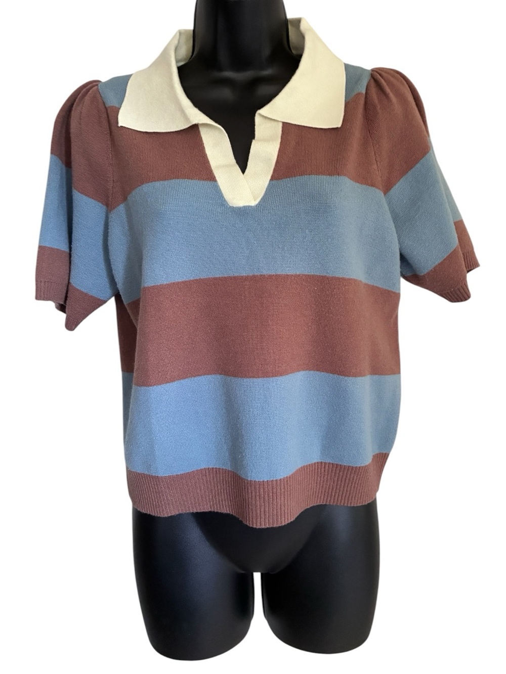 Lucky Brand Grannycore Striped Cropped Polo Sweater Brown Light Blue Cream Sz S - Picture 1 of 9